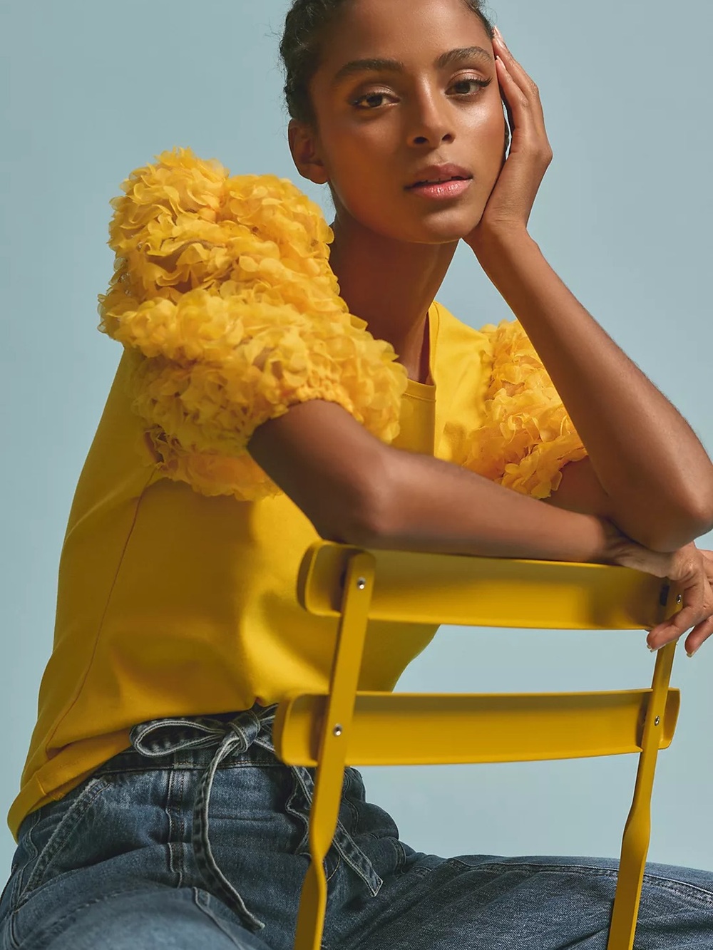 Anthropologie Ruffled Ballon Sleeve Top Dolan Floral Blouse Golden Yellow
